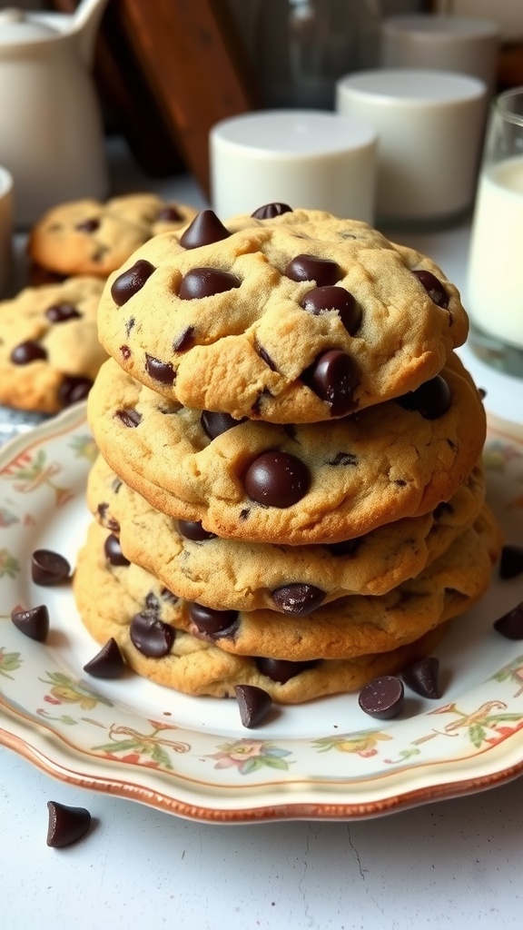 Nostalgic 90s Chocolate Chip Cookies Recipe A close-up of a stack of warm chocolate chip cookies on a vintage plate, surrounded by crumbs, with a glass of milk in the background.